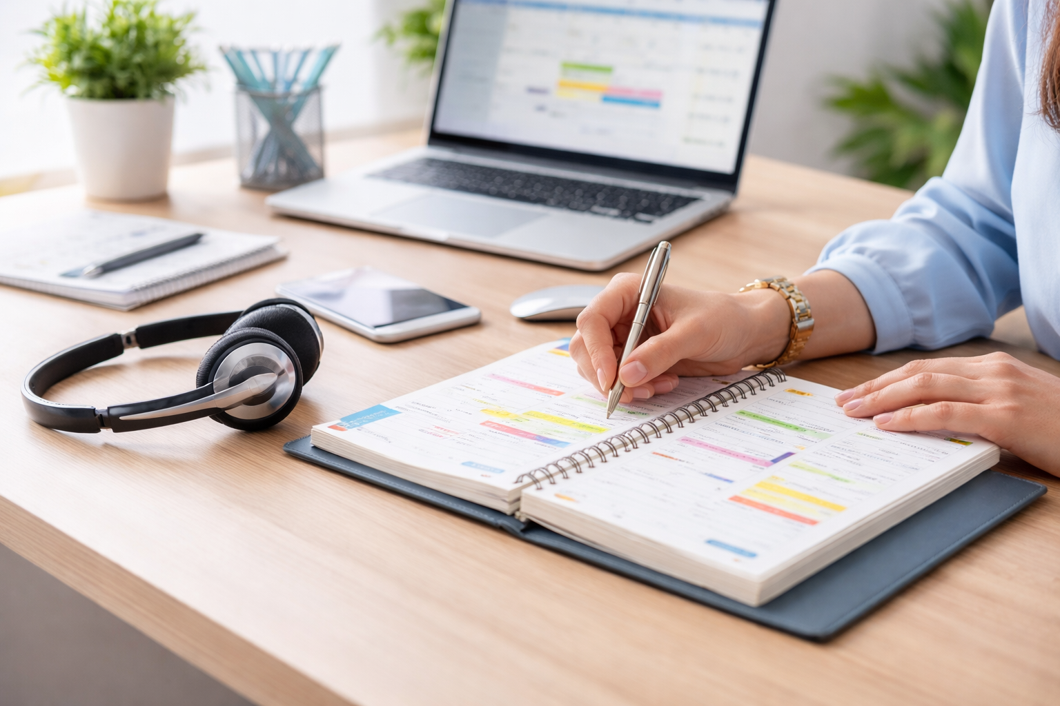 bureau de télésecrétariat médical organisé avec agenda professionnel, confidentialité et gestion des appels à distance