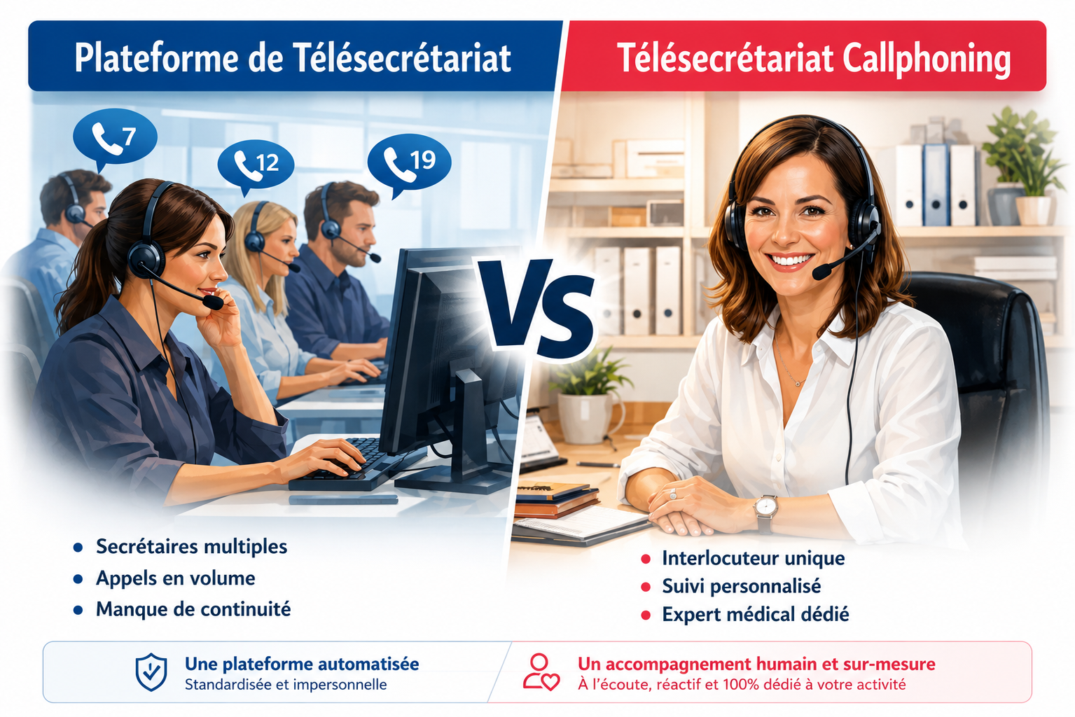 Comparatif télésecrétariat personnalisé Callphoning vs plateforme automatisée