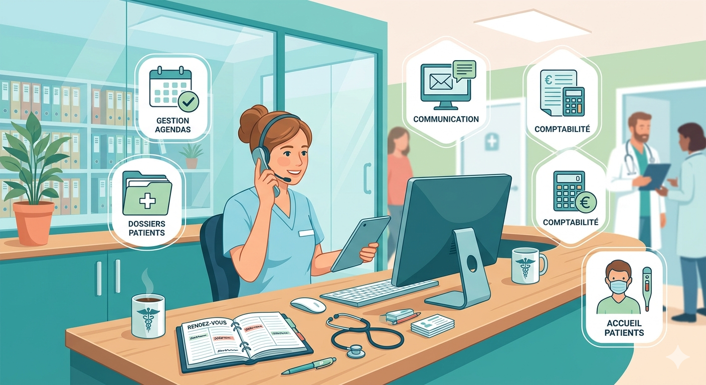 Illustration représentant la méthode de travail d’un service de télésecrétariat médical à distance avec gestion des agendas, accueil téléphonique, suivi administratif et organisation des dossiers patients pour les cabinets médicaux et professionnels.